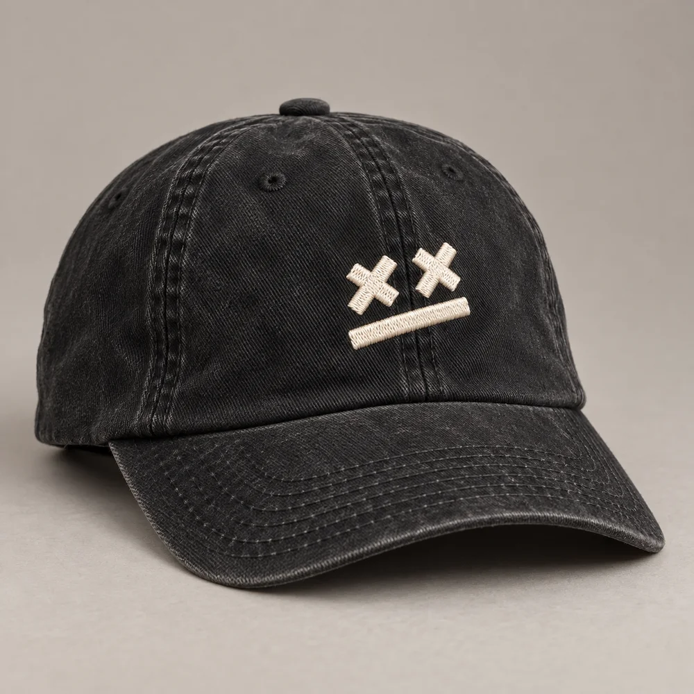 Concept preview of a washed black cap with the cream NITF face embroidered on the front